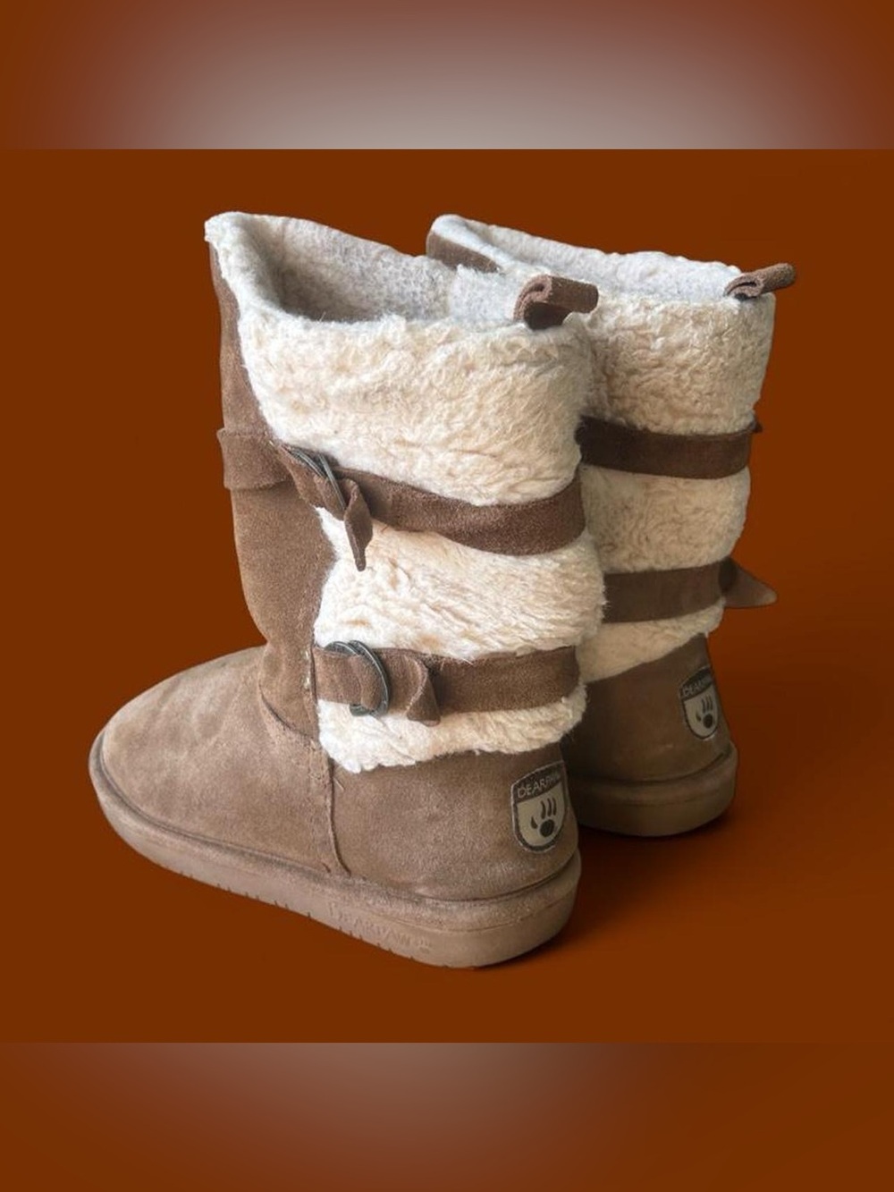 BearPaw Tan Suede Shearling Buckle Booties